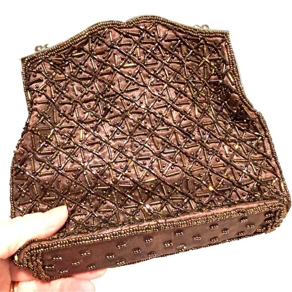 Bonnie Greer & Co coppery brown beaded evening bag clutch purse top handle - Picture 2 of 8